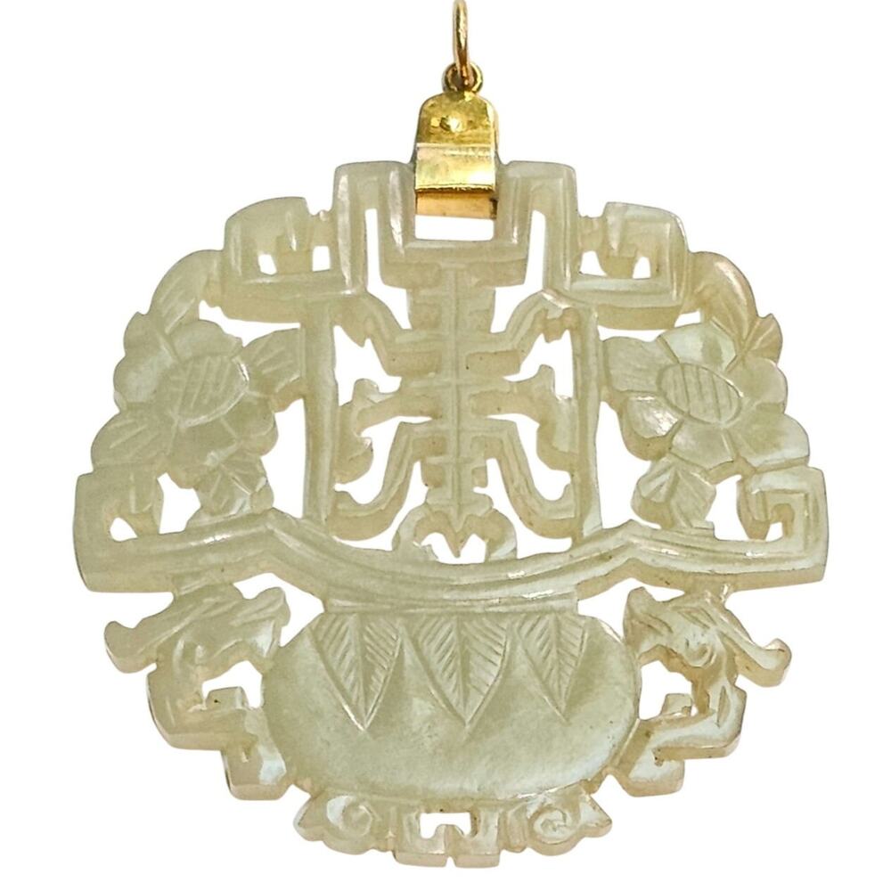 Vintage 14K Gold Nephrite Jade Carved Pendant - Auspicious Symbols